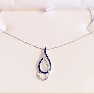 Blue diamonds and sterling silver double swirl teardrop pendant on 9 inch chain